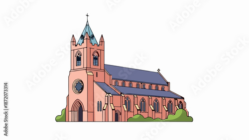 A quaint cartoon-style illustration of a pink church with a blue roof and tower, surrounded by greenery