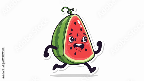 A happy cartoon slice of watermelon with arms and legs running