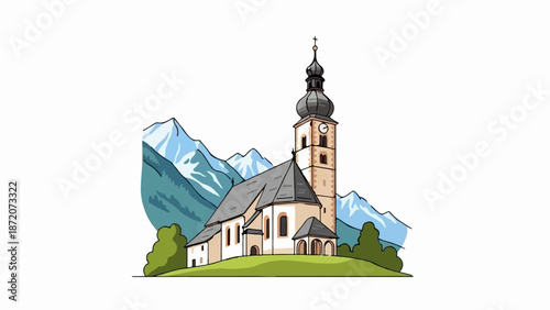 A quaint church with a tall steeple stands on a green hill