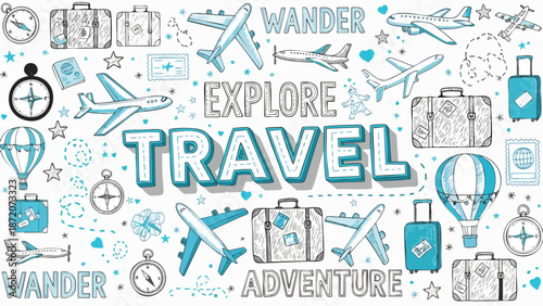 Hand-drawn travel concept with various vacation elements like airplanes, suitcases, and exploration doodles on a white background, representing adventure and wanderlust for global journeys