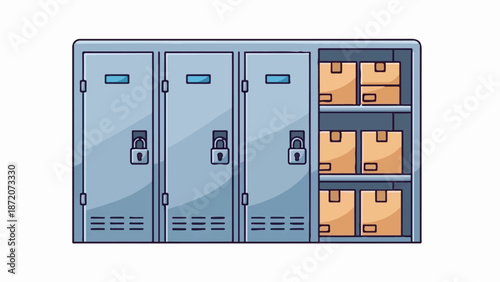 A row of three grey lockers with padlocks and a storage shelf filled with cardboard boxes