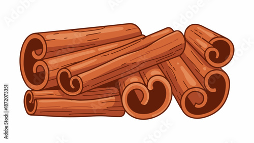 A pile of brown cinnamon sticks, some curled inward, against a white background