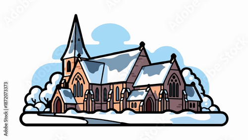 A quaint, snow-dusted building with a tall spire, surrounded by fluffy winter foliage