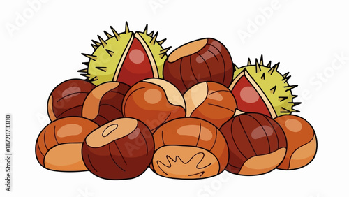 A pile of colorful, cartoon-style chestnuts with spiky green shells