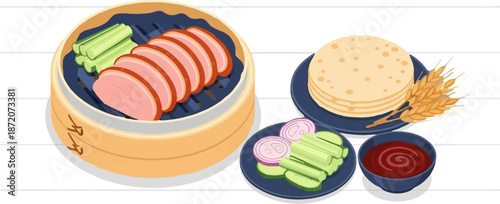 A rustic, flat-style illustration of Peking Duck with accompaniments on a white wooden table