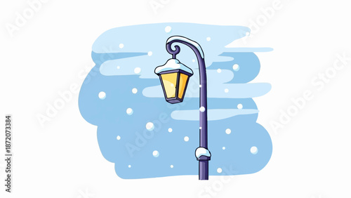 A quaint streetlamp glows warmly on a snowy winter day