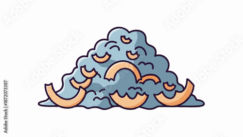 A heap of blue, cloud-like shapes with scattered orange curved pieces