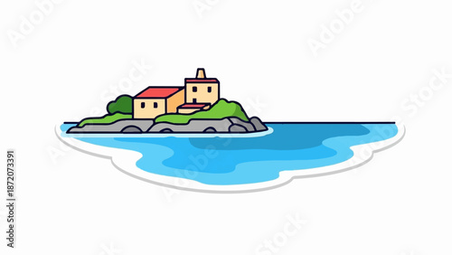 A quaint island dwelling with red roof sits beside blue wavy water