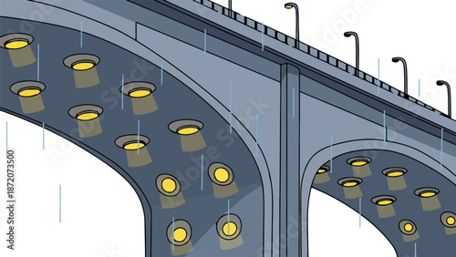 A rain-drenched concrete overpass with illuminated underside