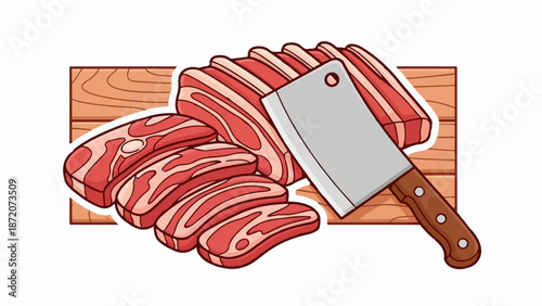 A pile of raw meat slices and a cleaver on a wooden board