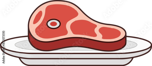 A raw steak with marbling and a bone sits on a white plate