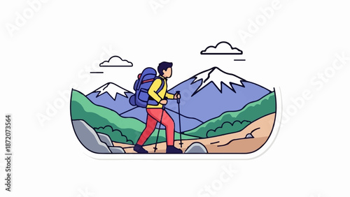 A hiker with a backpack and poles treks through a mountainous landscape under a cloudy sky