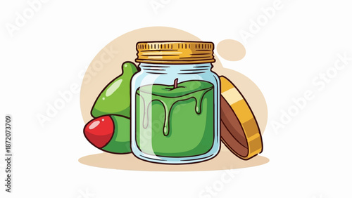 A jar of green goo with an apple, olives, and a bread slice