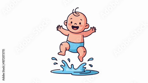 A joyful baby in a diaper leaps into splashing water with open arms, pure delight