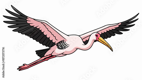 A pink and black bird with a yellow beak soars through the sky