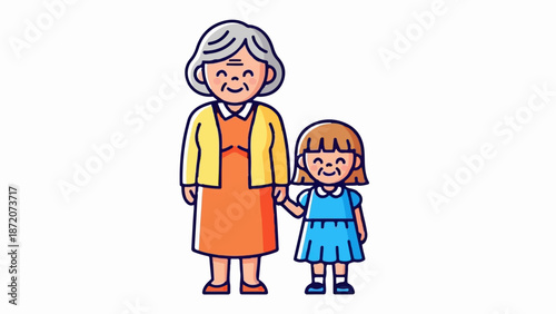 A joyful older woman and young girl hold hands, sharing a happy moment
