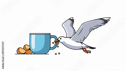 A seagull steals food from a blue mug, with crumbs scattered