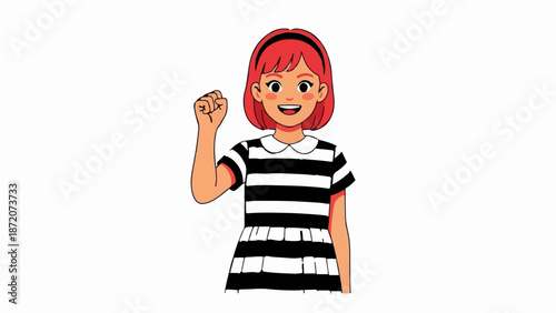 A joyful girl with short red hair and a black headband wears a striped dress and clenches her fist in triumph