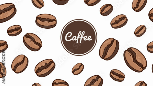 A seamless pattern of brown coffee beans scattered on a white background with a central circle