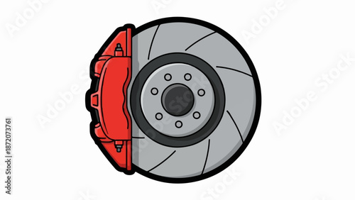 A red brake caliper grips a vented disc brake rotor with bolt holes and curved lines
