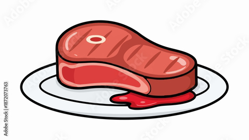 A juicy, grilled steak with a bone, sitting on a white plate with a pool of red sauce