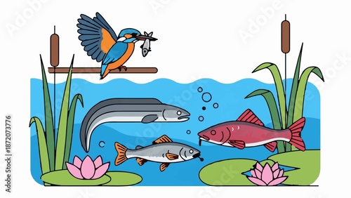 A kingfisher perches with caught fish above a pond with eel, carp, and lotus
