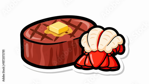 A juicy steak topped with butter sits next to a succulent lobster tail