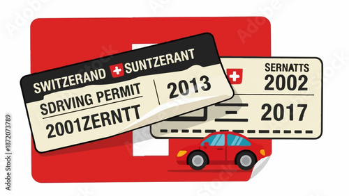 A red car and Swiss driving permits are displayed against a red Swiss flag background