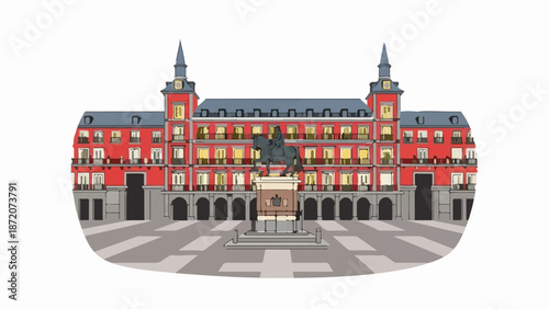 A red building with two towers and a statue of a man on a horse in a square