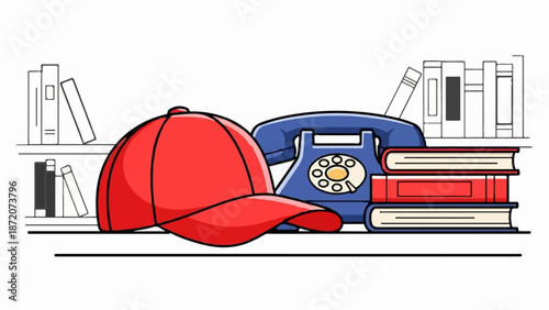 A red cap sits on a shelf next to a blue rotary phone and stacked books