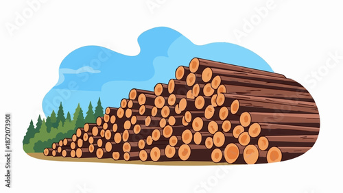 A large pile of stacked lumber sits in front of a green forest under a bright blue sky