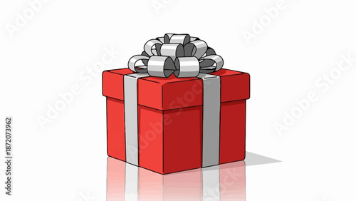 A red gift box with a silver ribbon and bow sits on a reflective surface