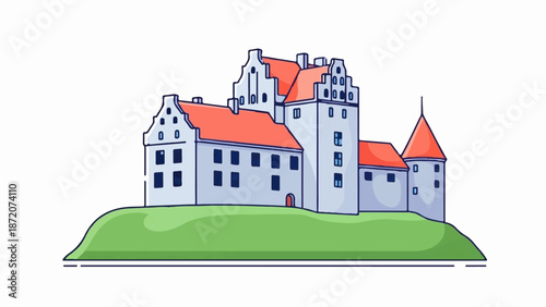 A light blue and orange illustrated castle with red tiled roofs sits atop a green, grassy hill