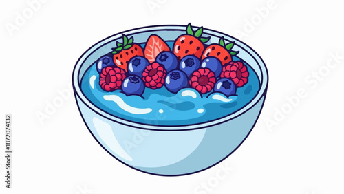 A light blue bowl filled with bright blue liquid and topped with strawberries, blueberries, and raspberries