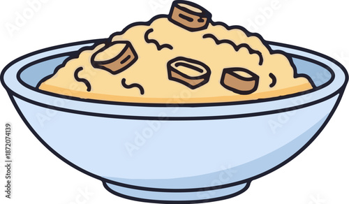 A light blue bowl filled with a fluffy, pale yellow porridge topped with brown pieces