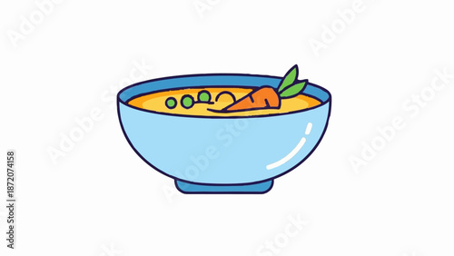 A light blue bowl filled with thick, yellow soup, garnished with peas and a carrot