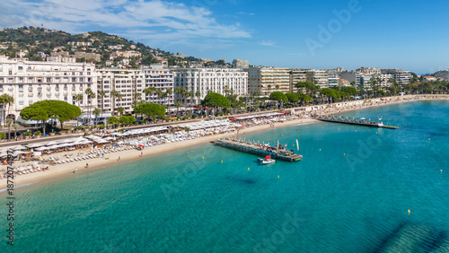 Aerial view of the beautiful beach in Cannes, France