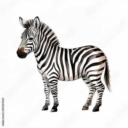 Watercolor style illustration of a zebra standing, isolated on white background