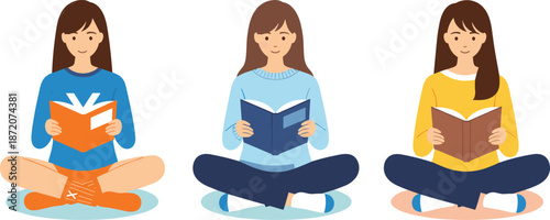 Girls reading books illustration, students studying education concept, young women sitting cross legged with books, flat vector design