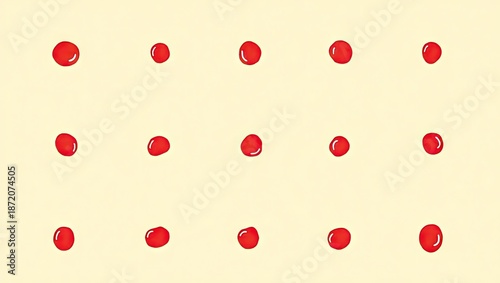 Pattern featuring a grid of red, circular shapes with slight variations in form and highlights against a cream-colored backdrop.