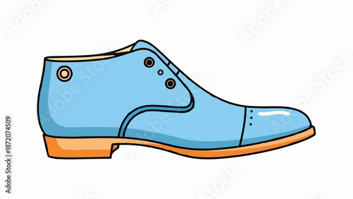 A light blue shoe with orange trim and sole, featuring eyelets for lacing