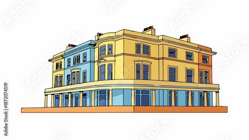 A colorful illustration of a grand, two-story building with bay windows and pillars