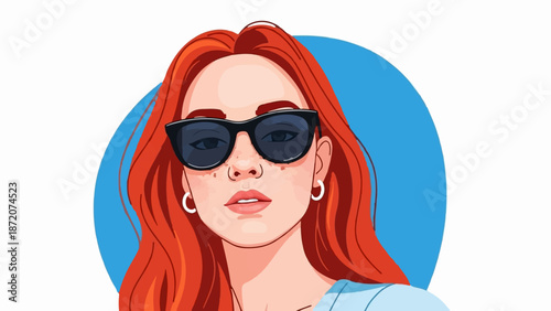 A digital illustration of a woman with red hair, wearing sunglasses and hoop earrings, against a blue circle