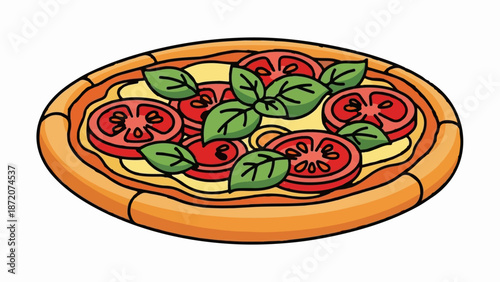 A colorful illustration of a classic pizza with melted cheese, red tomato slices, and green basil leaves