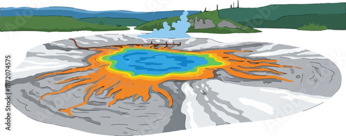 A colorful hot spring with steam rising, surrounded by barren ground and distant hills