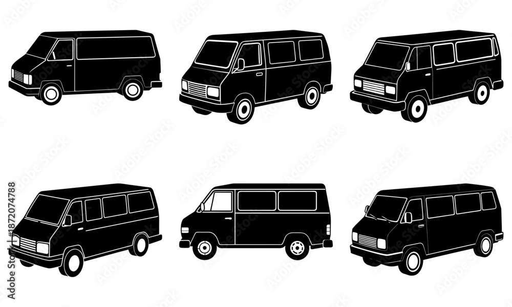 Fototapeta premium Six Black Vans Silhouettes on White Background transportation