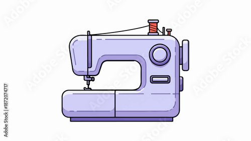 A lilac-colored sewing machine with a red spool of thread on top
