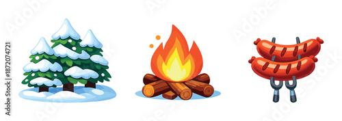 Winter campfire with snowy pine tree and grilled sausages illustration