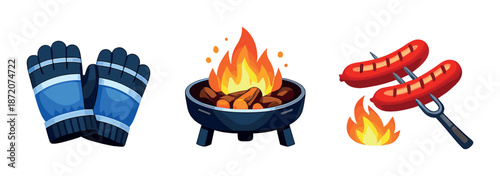 Winter camping essentials: gloves, campfire, and grilled sausages icons