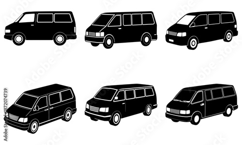 Six Black Minivans Silhouettes on White Background transportation